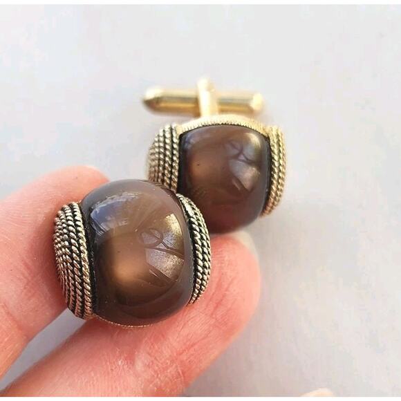 SWANK Vtg Cuff Link Vintage Cufflinks Men's Pair Men's Jewel Brown Cat's Eye New - Picture 1 of 8
